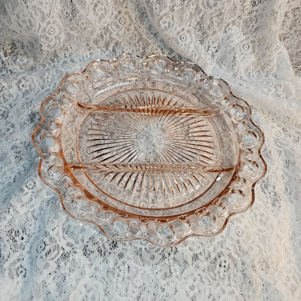 Anchor Hocking • Old Colony • Pink Divided Relish Plate • Lace Edge • Vintage
